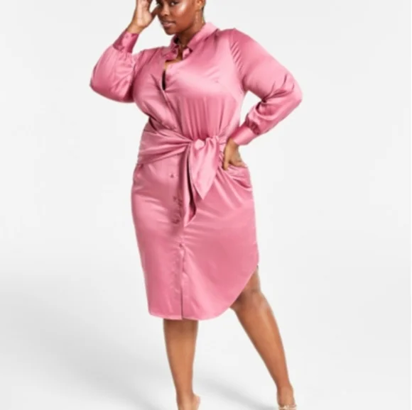 NINA PARKER Trendy Plus Size Satin Tie-Front Shirtdress - Picture 1 of 2